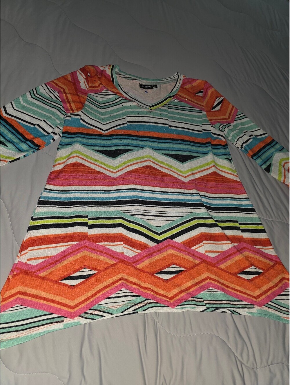 Onque Casual Womans Blouse Top Multicolor Geometric Rayon Short Sleeve - Large